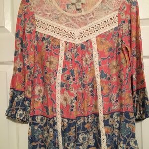 Vintage America blouse blue peach floral lace boho